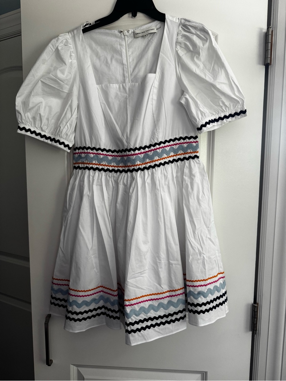 English Factory White Mini Dress with Multicolor Zigzag Trim